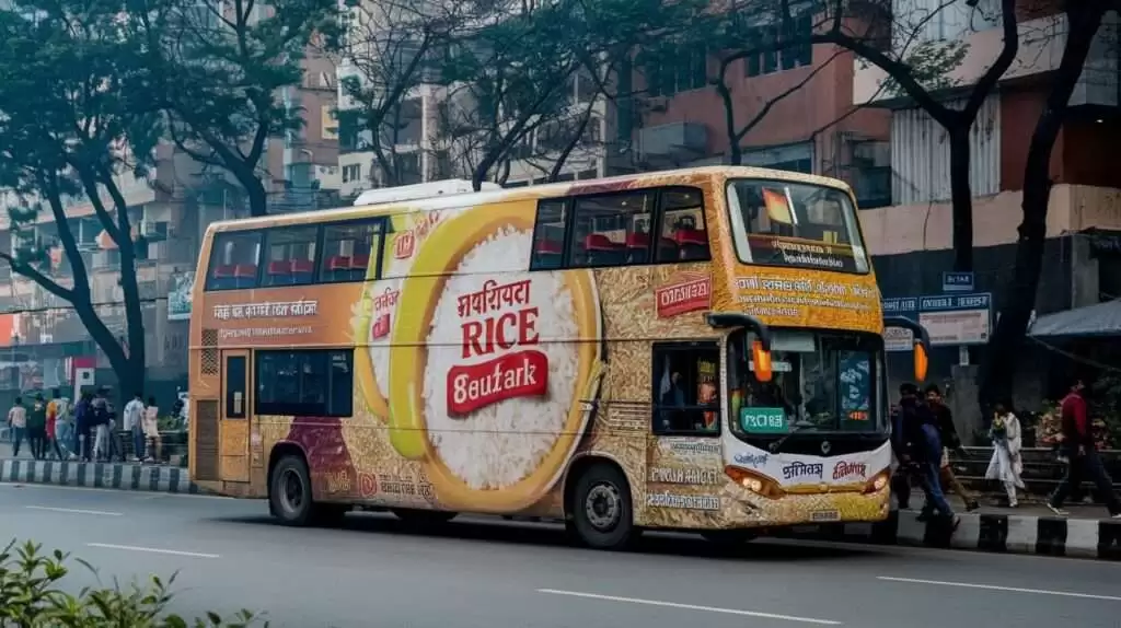 Double decker bus fully wrapped with rice brand advertisement driving through urban street
