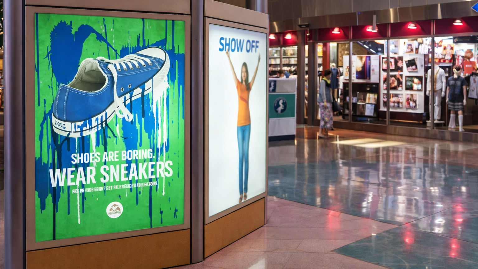 Indoor mall advertising display promoting sneakers with bold creative visuals and retail store background