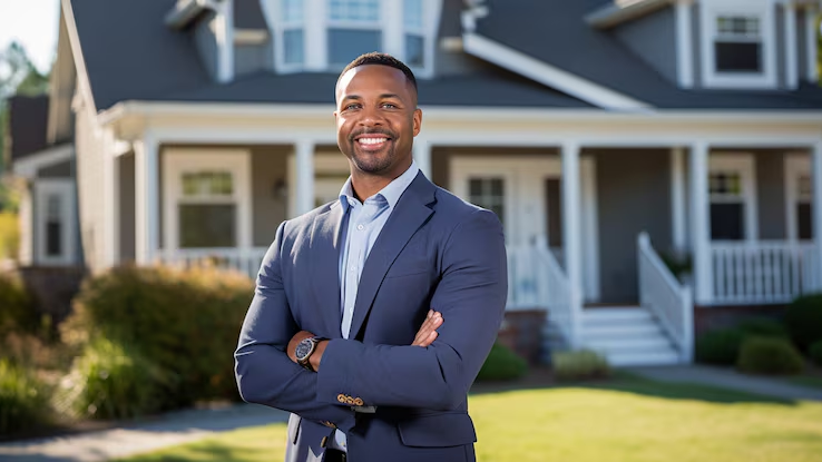 Confident business professional standing in front of modern house representing success and leadership