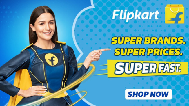 Flipkart digital advertisement highlighting super brands, discounted prices and fast delivery messaging