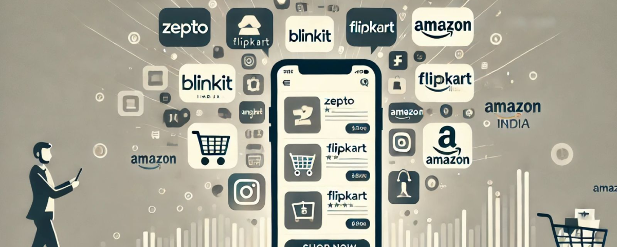 Mobile app ecosystem showcasing quick commerce and ecommerce platforms like Zepto, Blinkit, Flipkart and Amazon with digital shopping interface