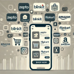 Mobile app ecosystem showcasing quick commerce and ecommerce platforms like Zepto, Blinkit, Flipkart and Amazon with digital shopping interface