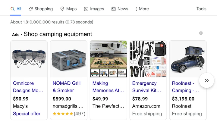 Google search results page displaying shopping ads for camping equipment with product listings and prices