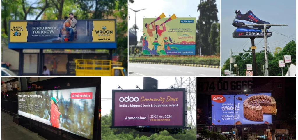 Large digital out of home billboards in urban city square displaying premium brand advertisements and high footfall audience
