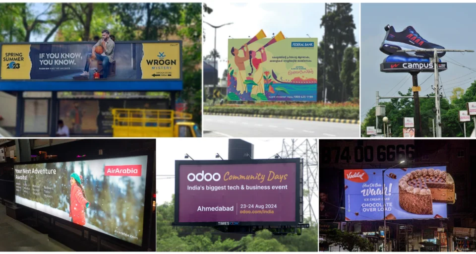 Large digital out of home billboards in urban city square displaying premium brand advertisements and high footfall audience
