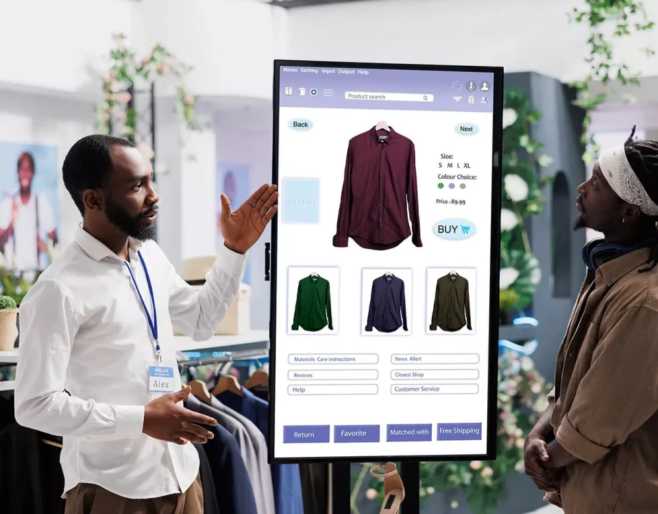 Retail Interactive Kiosk: A store associate demonstrates a large touch-screen vertical kiosk that allows customers to browse apparel, select colors/sizes, and make purchases directly from the shop floor.