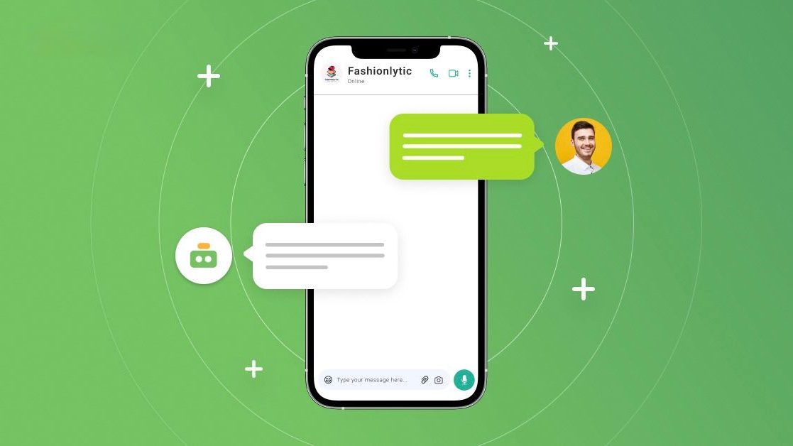 (Chat Interface): A modern smartphone displays a "Fashionlytic" chat interface on a vibrant green background with concentric circles. Floating speech bubbles and a profile picture of a smiling man suggest a real-time customer service interaction.