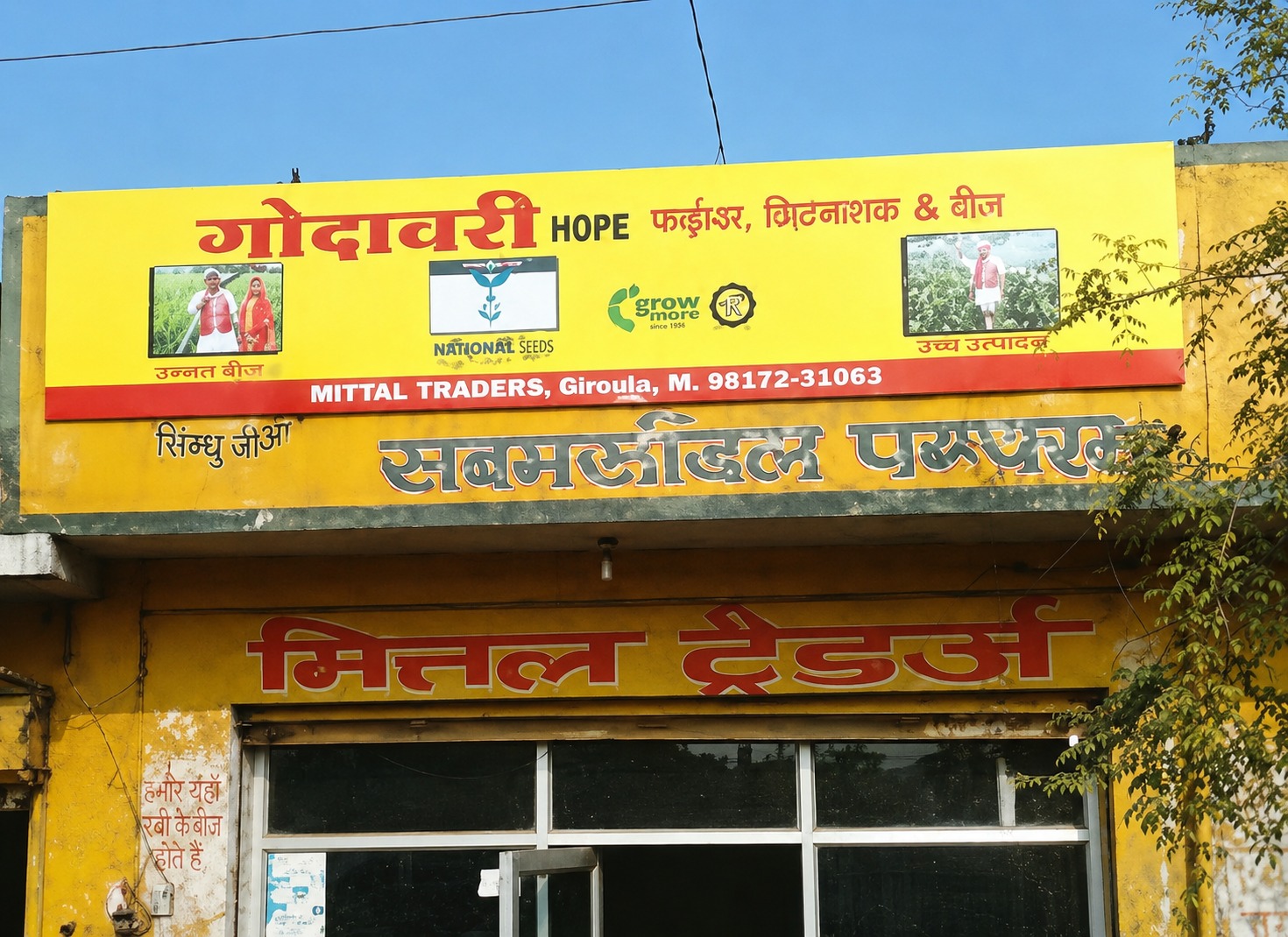 A regional storefront advertisement in Hindi for agricultural products and seeds displayed on a bright yellow building facade. The signage features local language branding, farming visuals, seed company logos, and contact information, highlighting rural retail advertising targeted at farmers and agricultural communities.