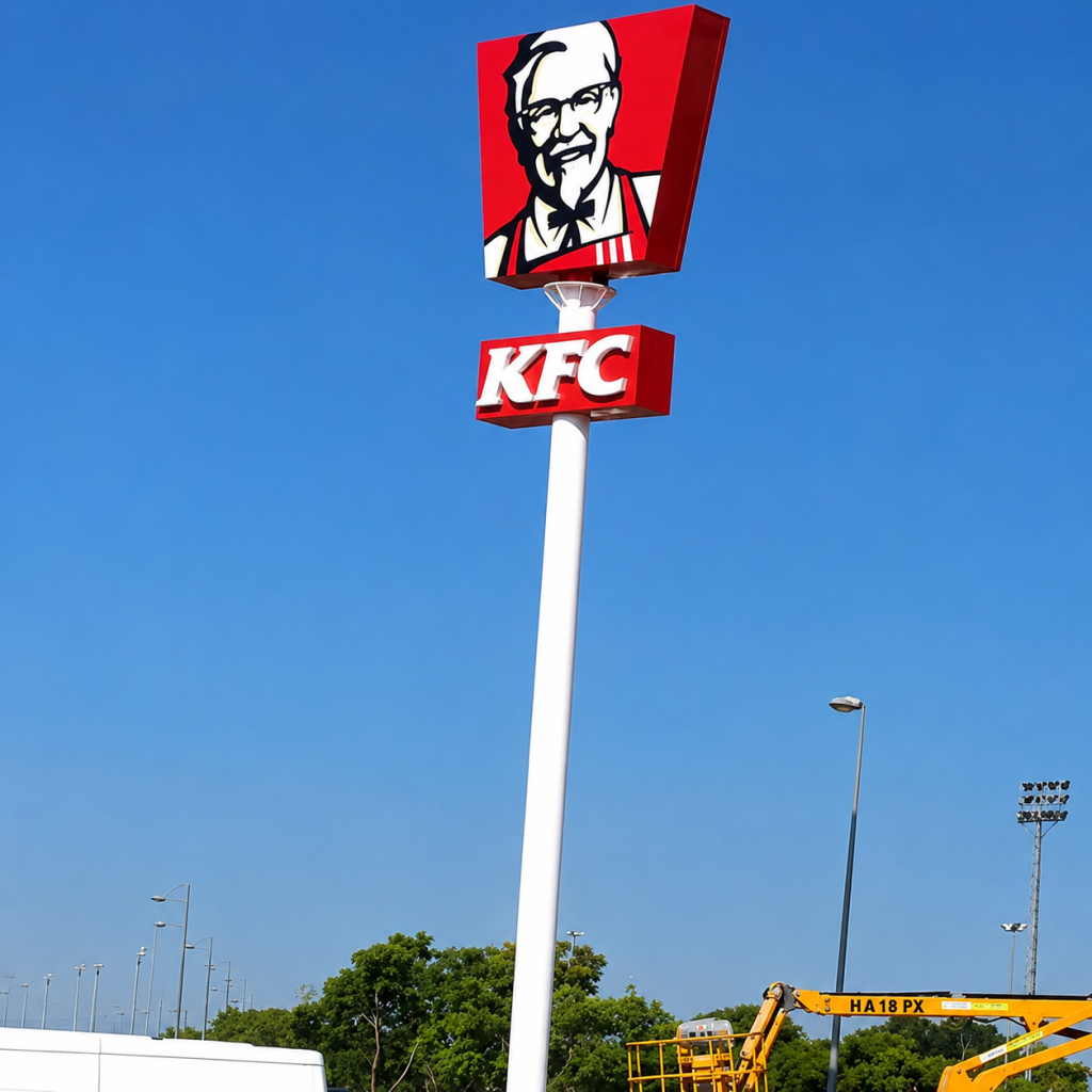 A tall KFC pylon sign featuring Colonel Sanders' iconic logo stands beside a roadway, providing long distance brand visibility for passing motorists. The elevated outdoor signage acts as a landmark, helping drive awareness and guide customers toward the restaurant location.