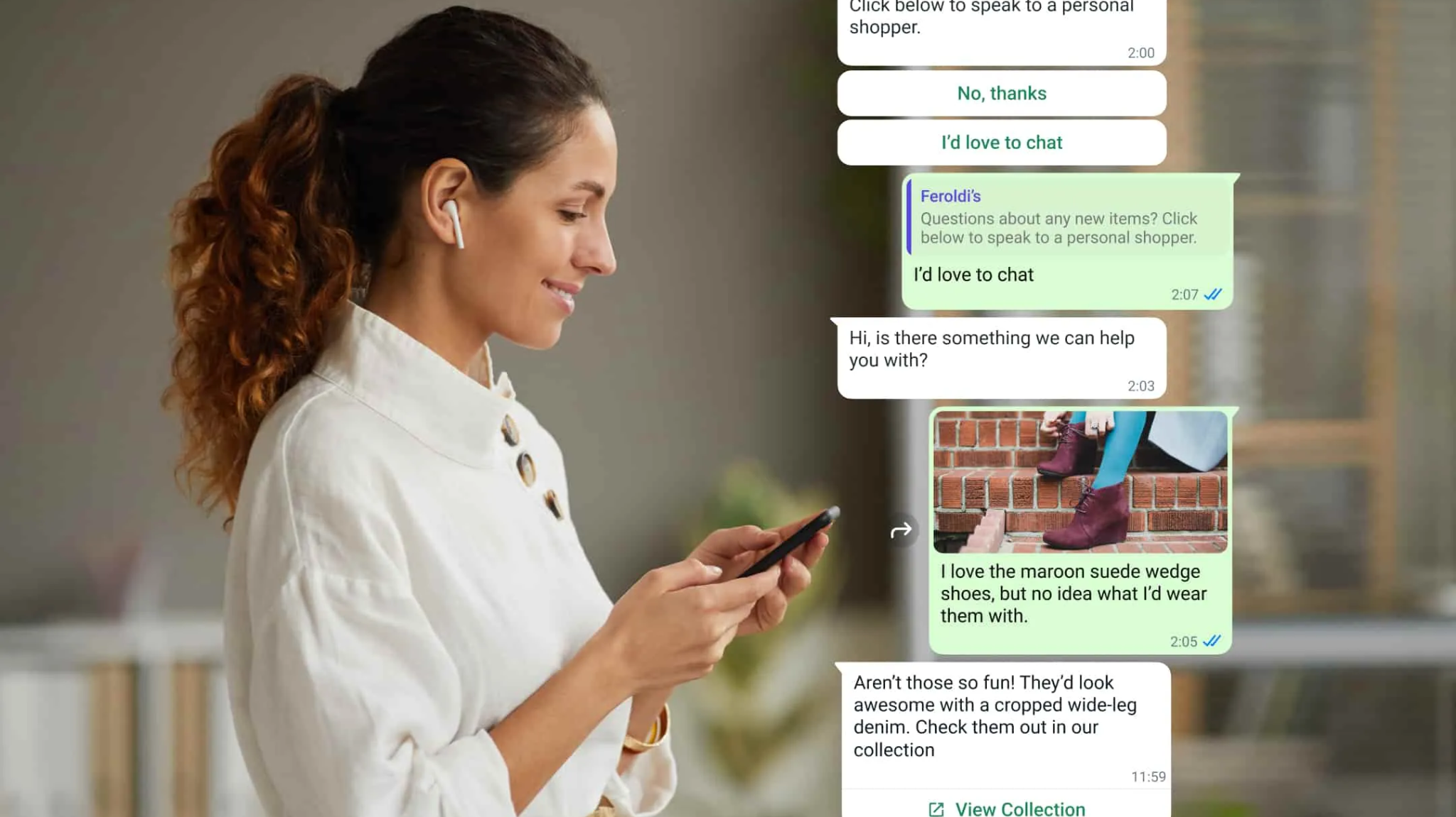 (Interactive Shopping): A young woman wearing wireless earbuds smiles while using her smartphone. Next to her is an overlaid WhatsApp chat window showing a conversation with a personal shopper about maroon suede wedge shoes.