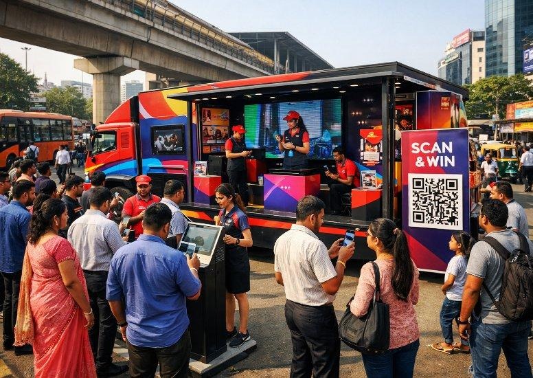 A large outdoor mobile van advertising setup features a fully branded experiential truck activation parked in a busy urban area, attracting crowds with interactive digital screens, product displays, and a “Scan & Win” QR code engagement zone. The campaign combines mobile outdoor advertising, on-ground brand activation, and experiential marketing to maximize public interaction and visibility.