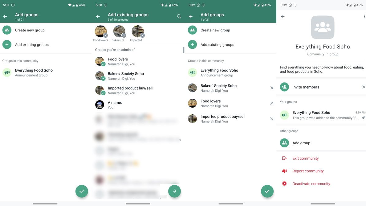 (Community Management): A series of four screenshots from the WhatsApp interface detailing the "Communities" feature. It shows the process of adding existing groups like "Food lovers" and "Bakers' Society Soho" into a single "Everything Food Soho" announcement community.