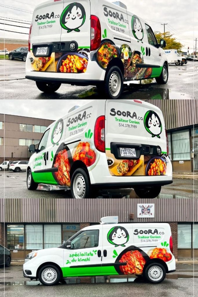A fully wrapped delivery van branding campaign promotes a food catering brand with large product visuals, colorful graphics, and brand messaging displayed across the vehicle exterior. The commercial van wrap is used for mobile outdoor advertising, fleet branding, and on-road marketing to increase local brand visibility and customer recall.