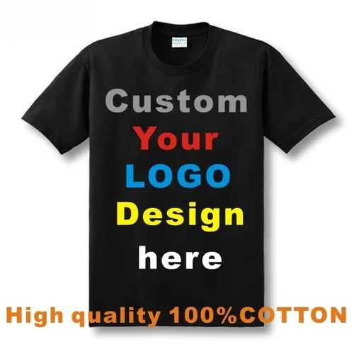 A black custom t-shirt mockup featuring colorful placeholder text for logo and design customization along with the phrase “High quality 100% cotton.” The image represents customizable t-shirt branding used for promotional merchandise, corporate apparel, event branding, and personalized marketing campaigns.