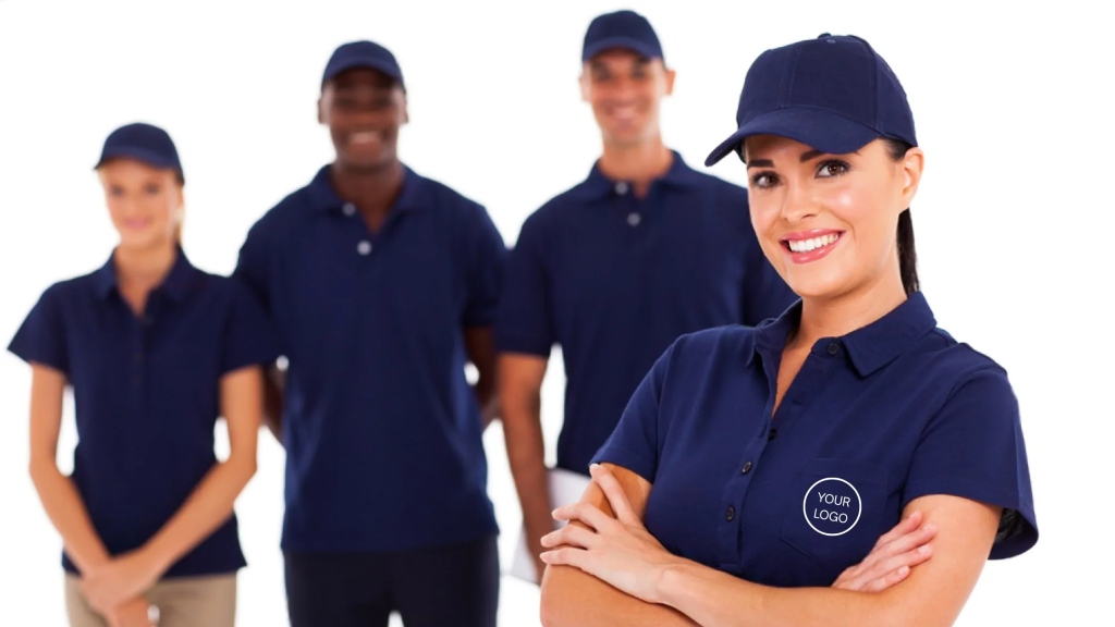 A branded t-shirt and cap uniform setup featuring a team wearing matching navy blue apparel with custom logo placement. The image represents t-shirt branding used for promotional staff uniforms, event teams, corporate branding, and on-ground marketing visibility.