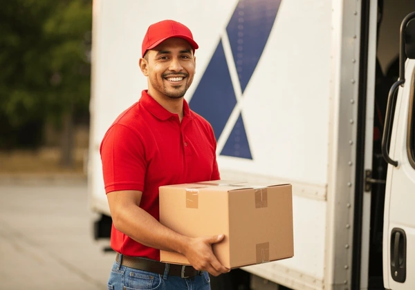 A delivery staff member wearing a branded red t-shirt and cap while carrying a package beside a delivery vehicle. The image represents t-shirt branding used for delivery teams, logistics staff uniforms, and brand visibility during customer-facing operations and on-ground promotions.