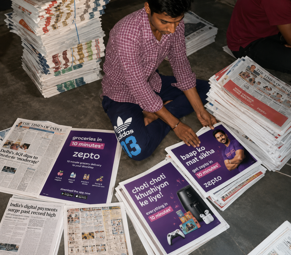A newspaper insertion advertising campaign in progress, showing workers placing Zepto promotional inserts inside stacks of newspapers before distribution. The image highlights large-scale newspaper insert marketing used to deliver brand advertisements, offers, and promotional messaging directly to readers through print newspaper circulation.