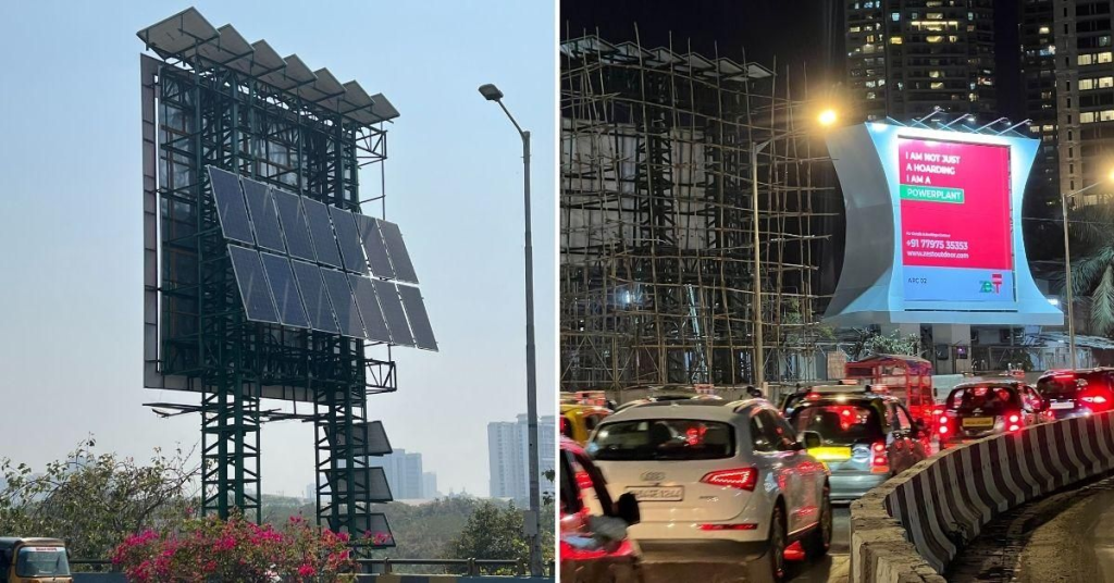 A comparison of sustainable outdoor advertising billboards in India featuring solar-powered structures and energy-efficient digital displays installed along busy urban roads. The image highlights eco-friendly outdoor advertising solutions that use renewable energy and sustainable infrastructure to reduce environmental impact while maintaining high-visibility brand communication.