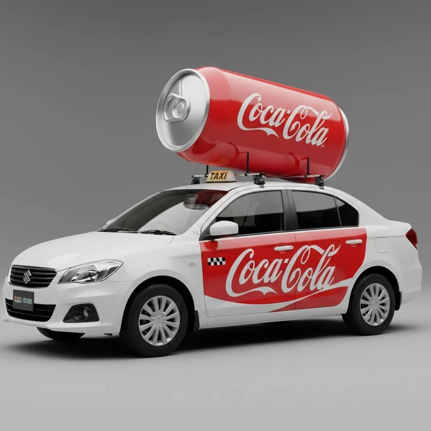 A creatively branded taxi advertising campaign features a Coca-Cola themed cab with a giant 3D soft drink can mounted on the vehicle roof and bold logo wraps across the car body. The eye-catching transit advertising setup combines cab branding, mobile outdoor advertising, and 3D vehicle marketing to maximize visibility and public attention on city roads.
