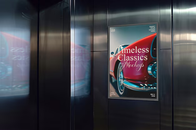 A premium elevator branding display inside a modern lift features a luxury automotive advertisement with sleek visuals and elegant typography promoting a classic car event. The indoor elevator advertising setup uses illuminated poster branding and high-end visual marketing to capture passenger attention in commercial and upscale residential spaces.