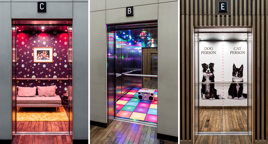 A series of creatively branded elevators showcase immersive elevator advertising concepts, including a cozy living room theme, a colorful disco dance floor setup, and a pet personality themed elevator interior. These indoor branding campaigns transform elevator spaces into interactive visual experiences using themed décor, elevator wraps, and experiential marketing design to engage audiences in commercial and residential buildings.
