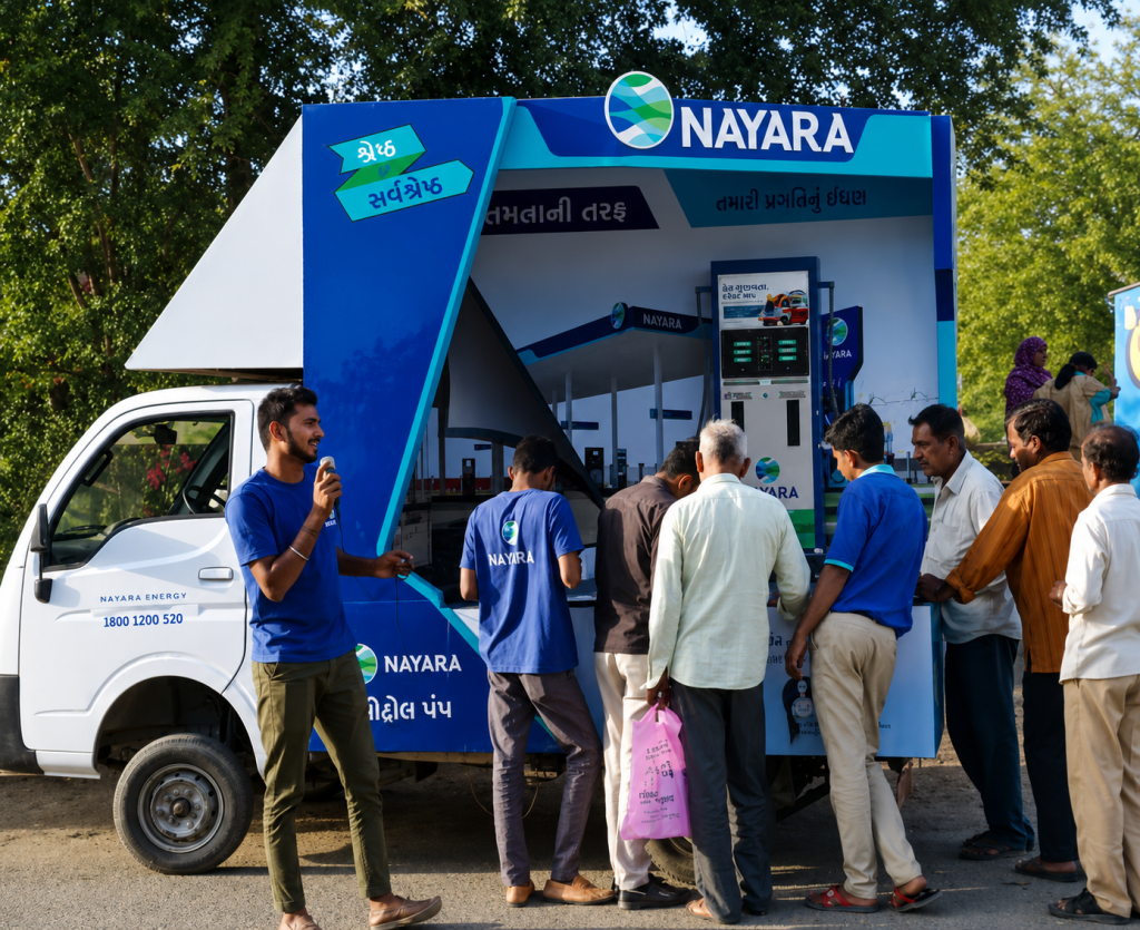 A mobile van activation campaign by Nayara Energy is set up in an outdoor public area where people are gathered around a branded fuel station experience mounted on a vehicle. Brand promoters are interacting with visitors through demonstrations and awareness activities, creating an engaging on-ground activation that combines mobility, direct consumer interaction, and experiential brand outreach.
