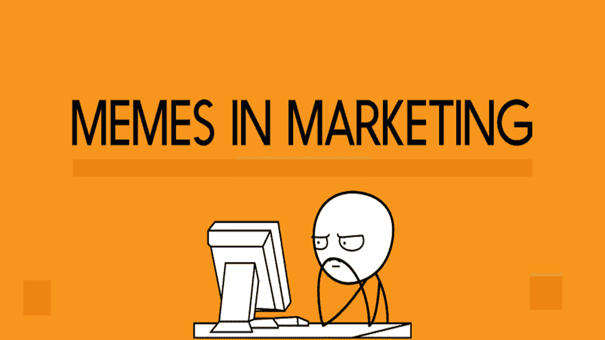 An introductory slide titled MEMES IN MARKETING features a classic "stick figure at a computer" meme illustration on a vibrant orange background.