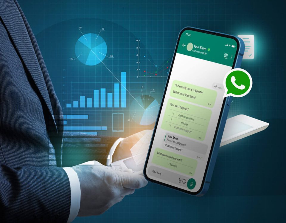 A person in a business suit interacts with a digital interface featuring data charts. A large smartphone in the foreground displays a WhatsApp chatbot interface for customer support and services.