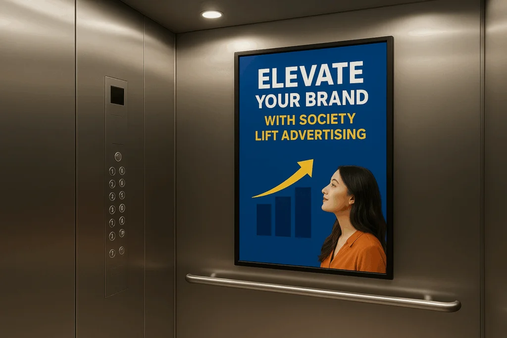 Advertisement poster displayed inside an elevator cabin promoting lift advertising services, featuring the message “Elevate Your Brand” alongside a woman looking toward an upward growth graph.